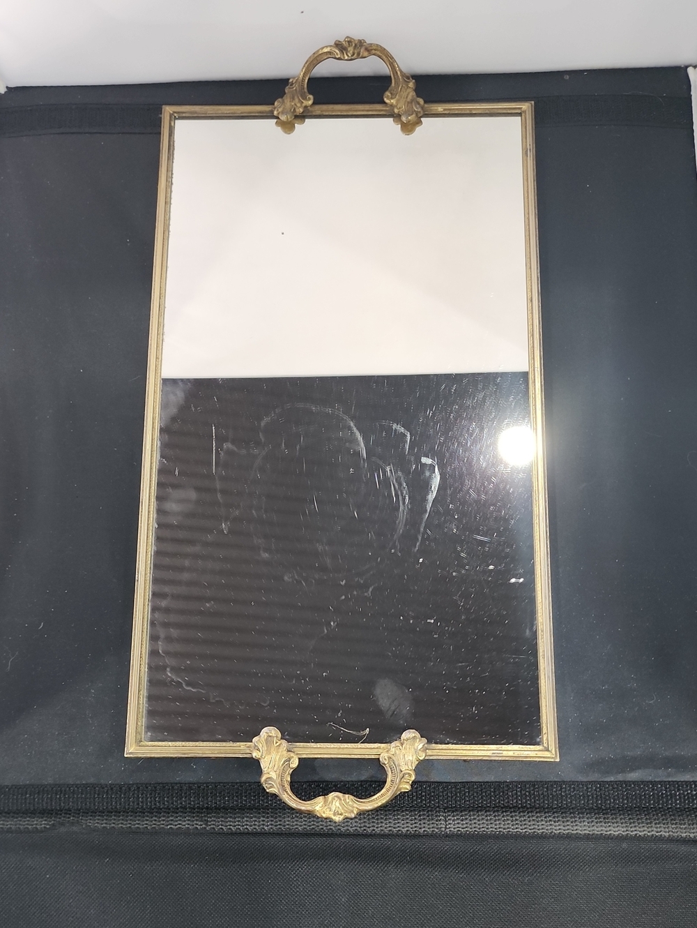 Ornate Gold Mirror Vanity Tray with Decorative Handles